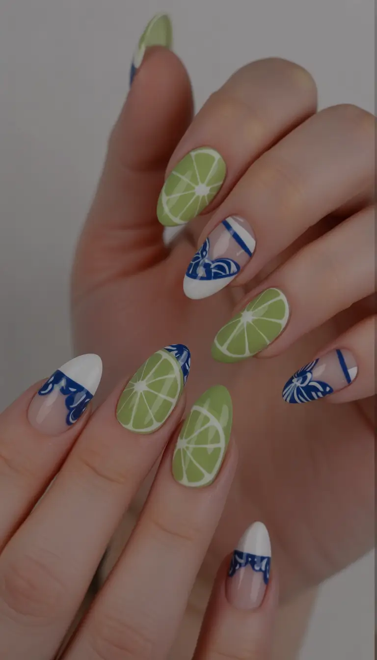 summer short acrylic nails ideas 2025 Fruit Slices and Nautical Blues