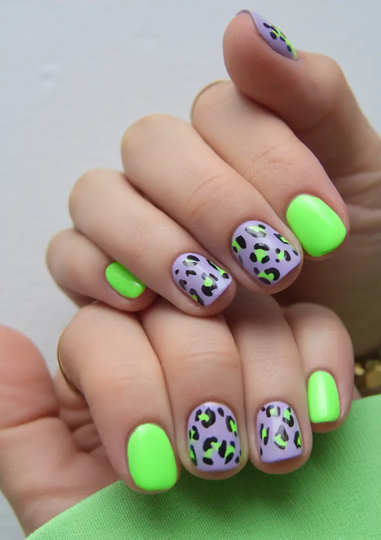 summer short acrylic nails ideas 2025 Neon Safari Meets Sweet Lilac