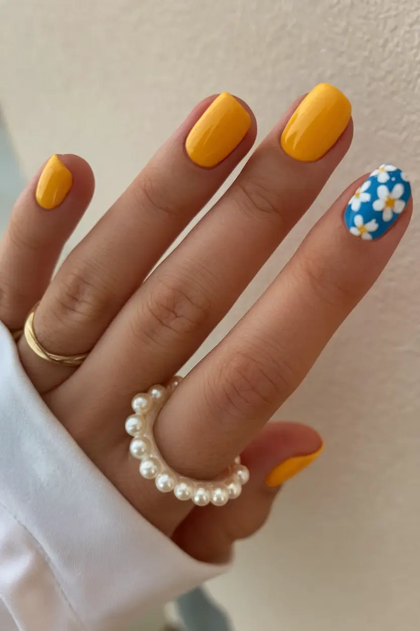 summer short acrylic nails ideas 2025 Golden Hour Sunshine with a Pop of Blue