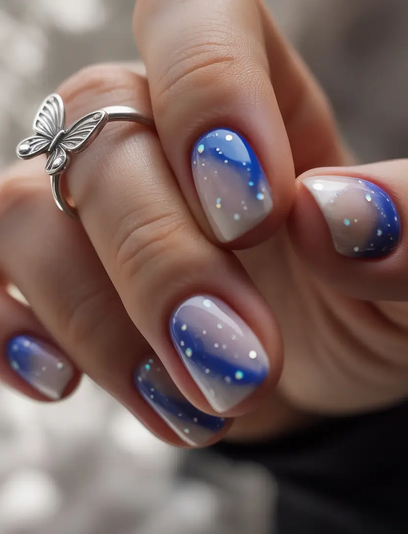summer short acrylic nails ideas 2025 Ocean Fade and Sparkle Glaze