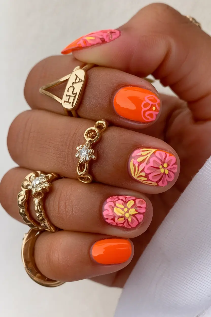 summer short acrylic nails ideas 2025 Retro Floral Meets Poolside Pop