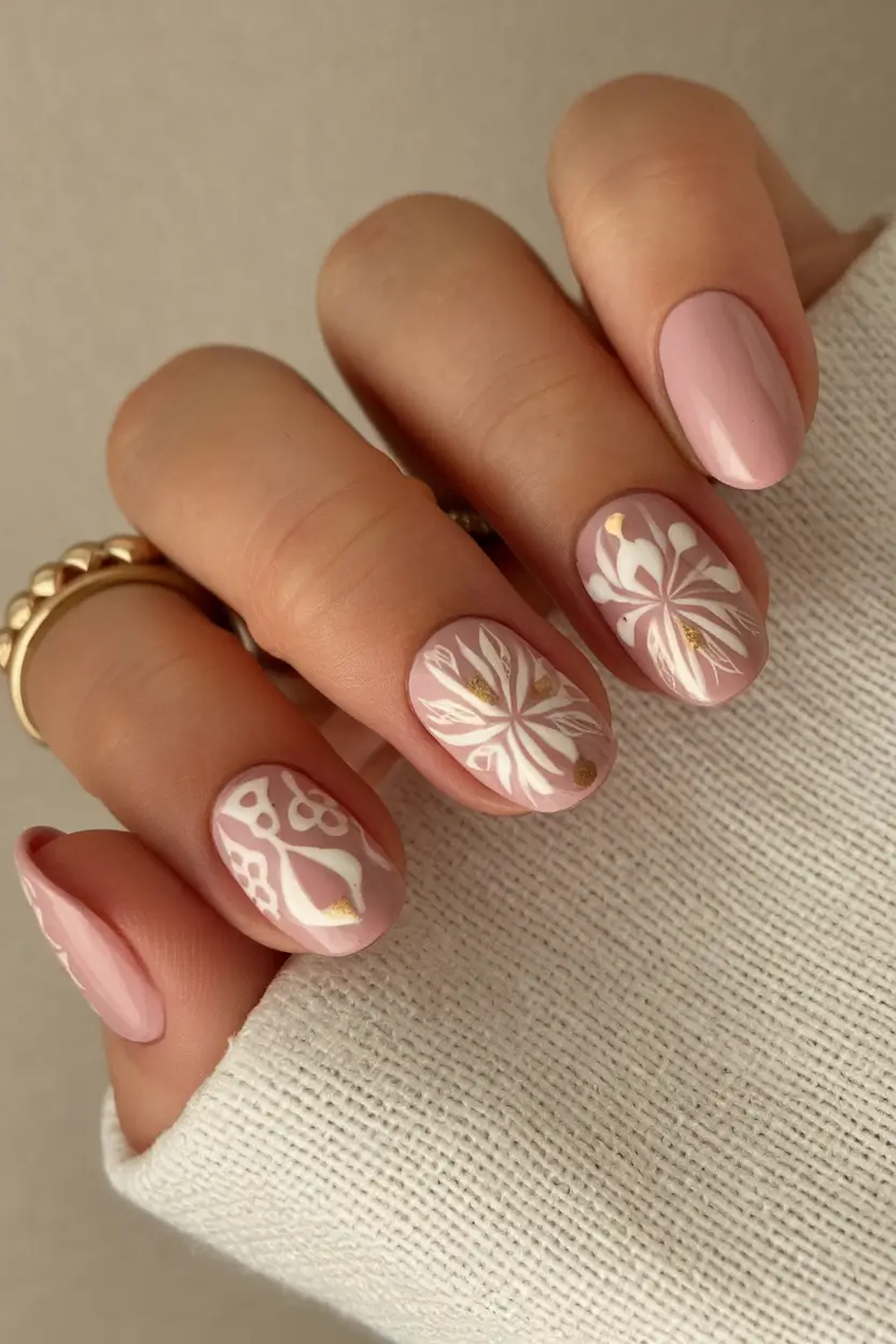 summer short acrylic nails ideas 2025 Art Nouveau Petals on Soft Blush