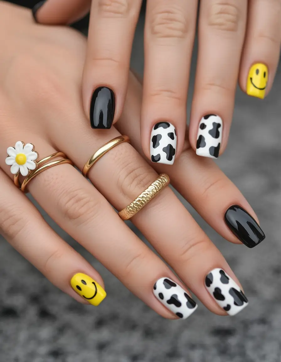 summer short acrylic nails ideas 2025 Smileys, Moo Prints & High Gloss Black