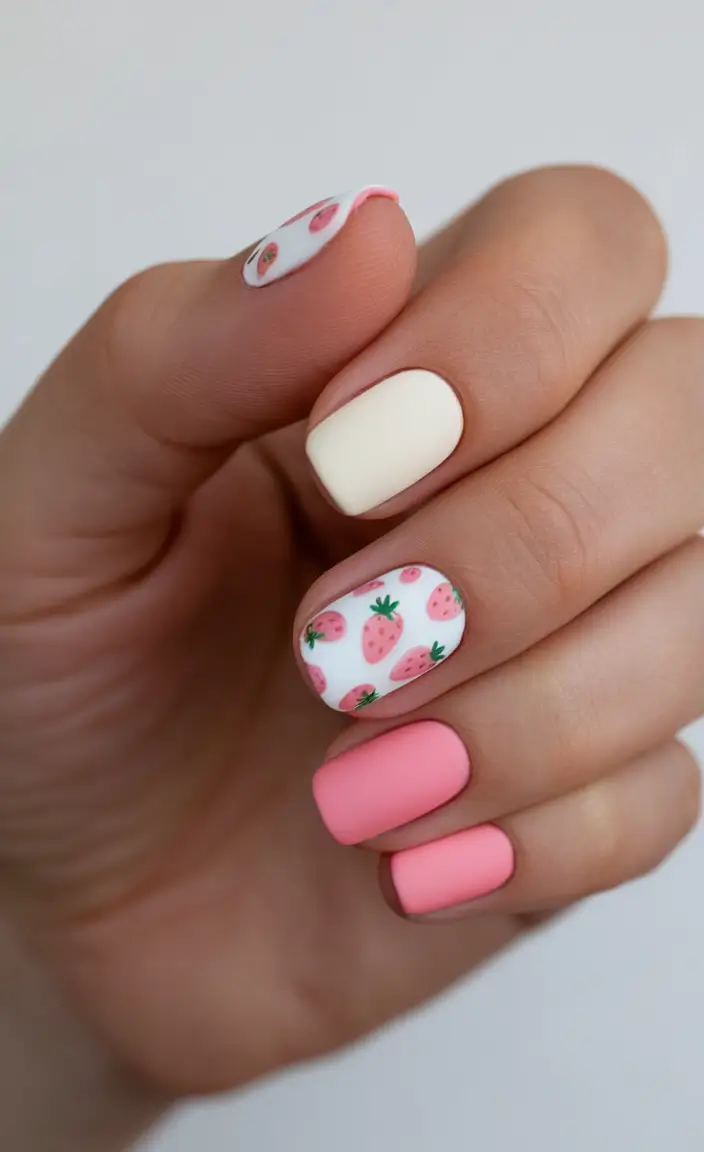summer short acrylic nails ideas 2025 Strawberry Sundae Dream