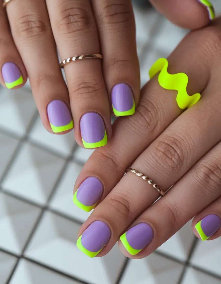summer short acrylic nails ideas 2025 Neon French in Lavender Storm