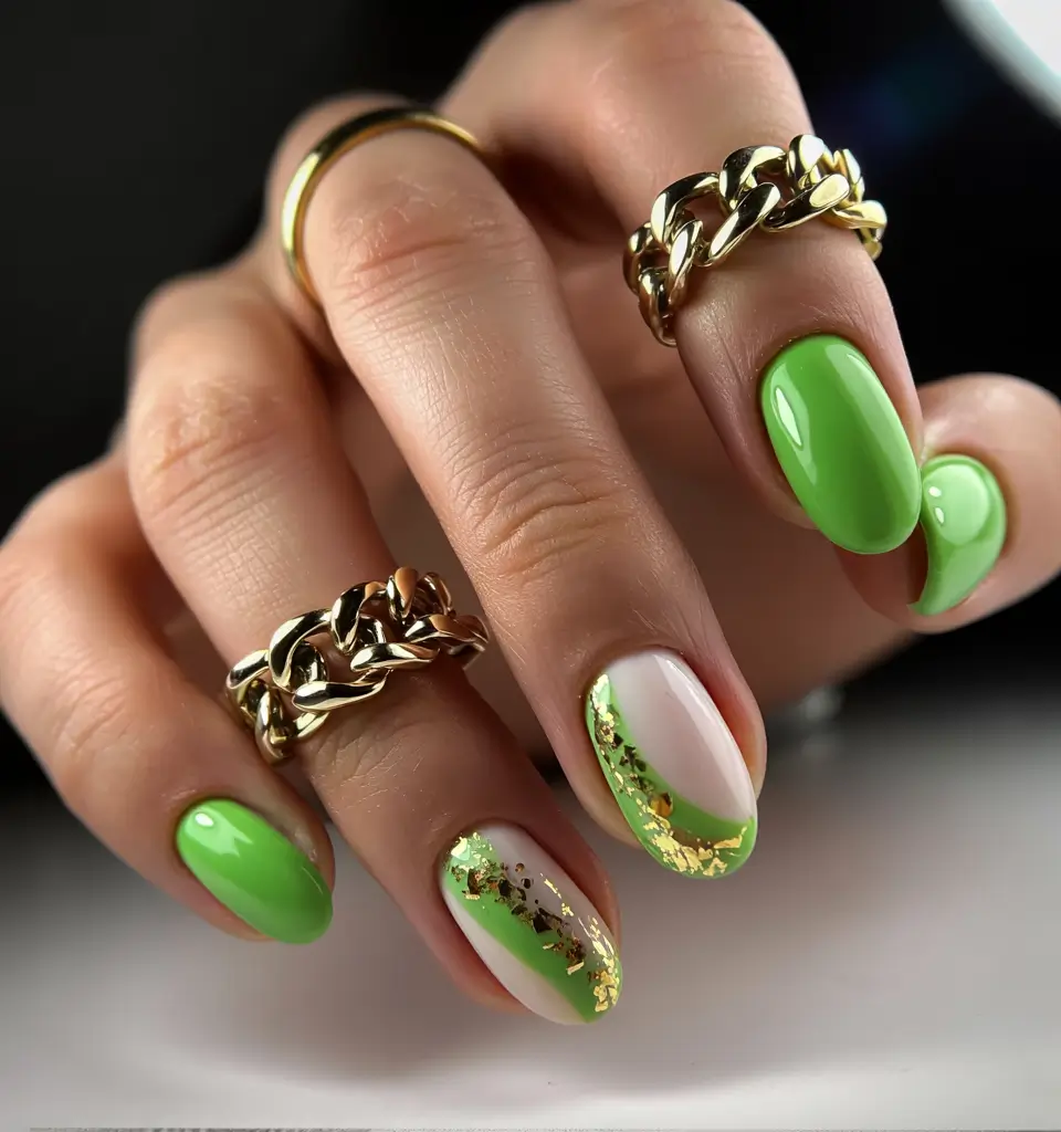 summer short acrylic nails ideas 2025 Lime Luxe with Gold Foil Drama