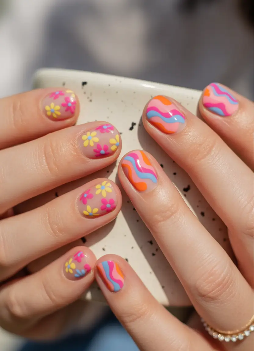 summer short acrylic nails ideas 2025 Groovy Blooms and Psychedelic Swirls