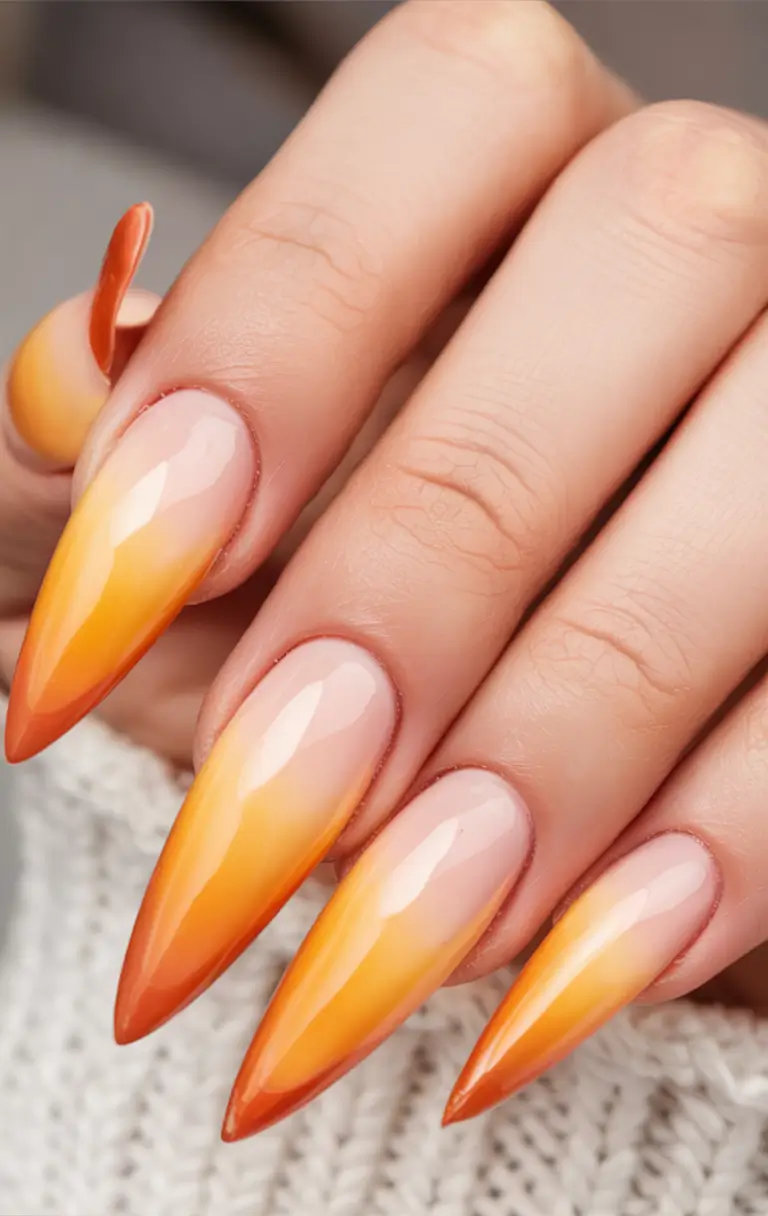 Sunset Gradient Nails for Summer 2025 Sunflare Almond Stilettos