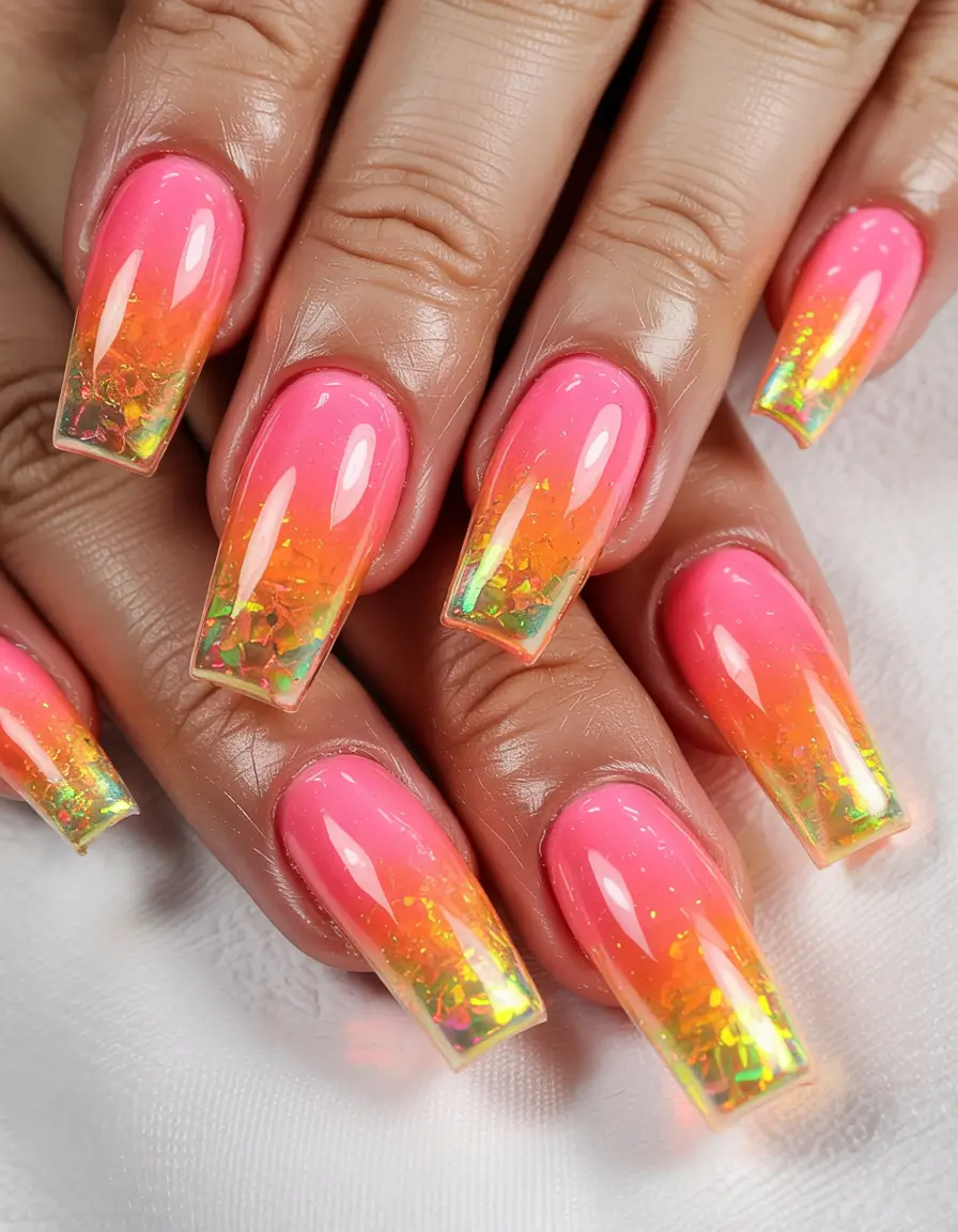 Sunset Gradient Nails for Summer 2025 Fiery Glitter Fade