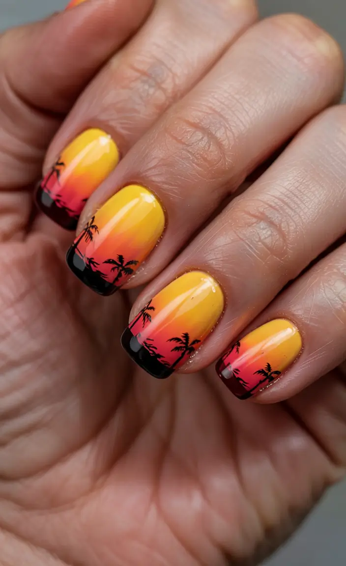 Sunset Gradient Nails for Summer 2025 Palm Silhouette Paradise