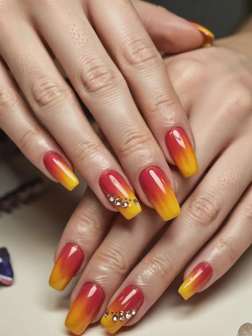 Sunset Gradient Nails for Summer 2025 Fiery Sunset Fade with Crystal Sparks