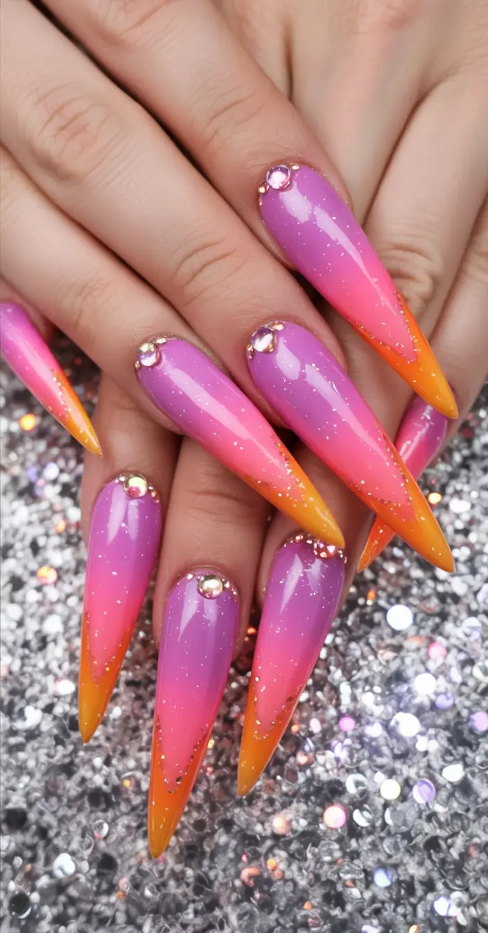 Sunset Gradient Nails for Summer 2025 Royal Sunset Stiletto Sparkle