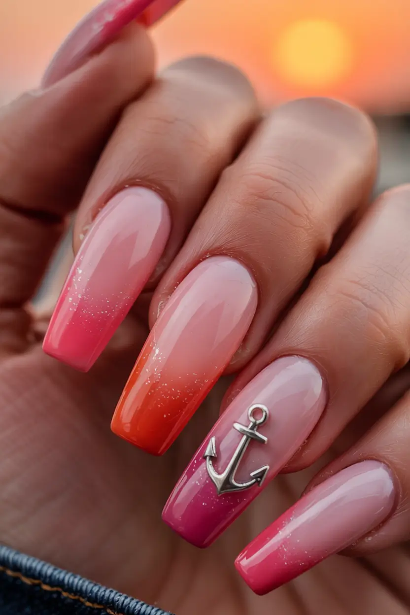 Sunset Gradient Nails for Summer 2025 Anchor in the Sunset: Nautical Romance