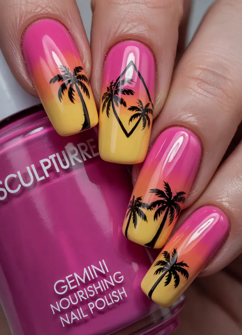 Sunset Gradient Nails for Summer 2025 Bold Sunset Safari with Black Palms