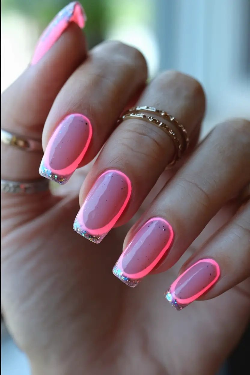 Top Nail Colors for Summer 2025 Neon Outline With Glittery French Spark