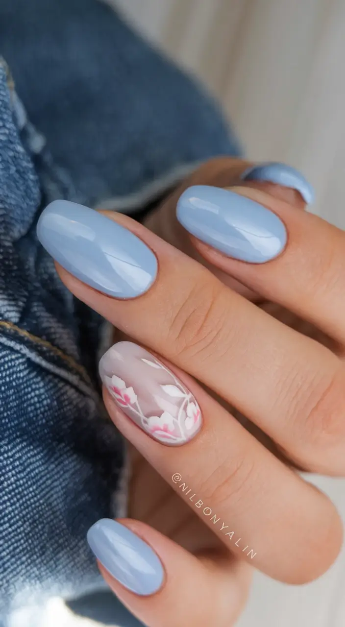 Top Nail Colors for Summer 2025 Sky Blue & Whisper Florals
