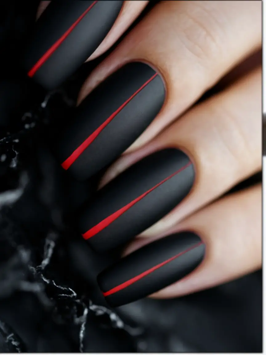Top Nail Colors for Summer 2025 Midnight Matte with a Red Pulse