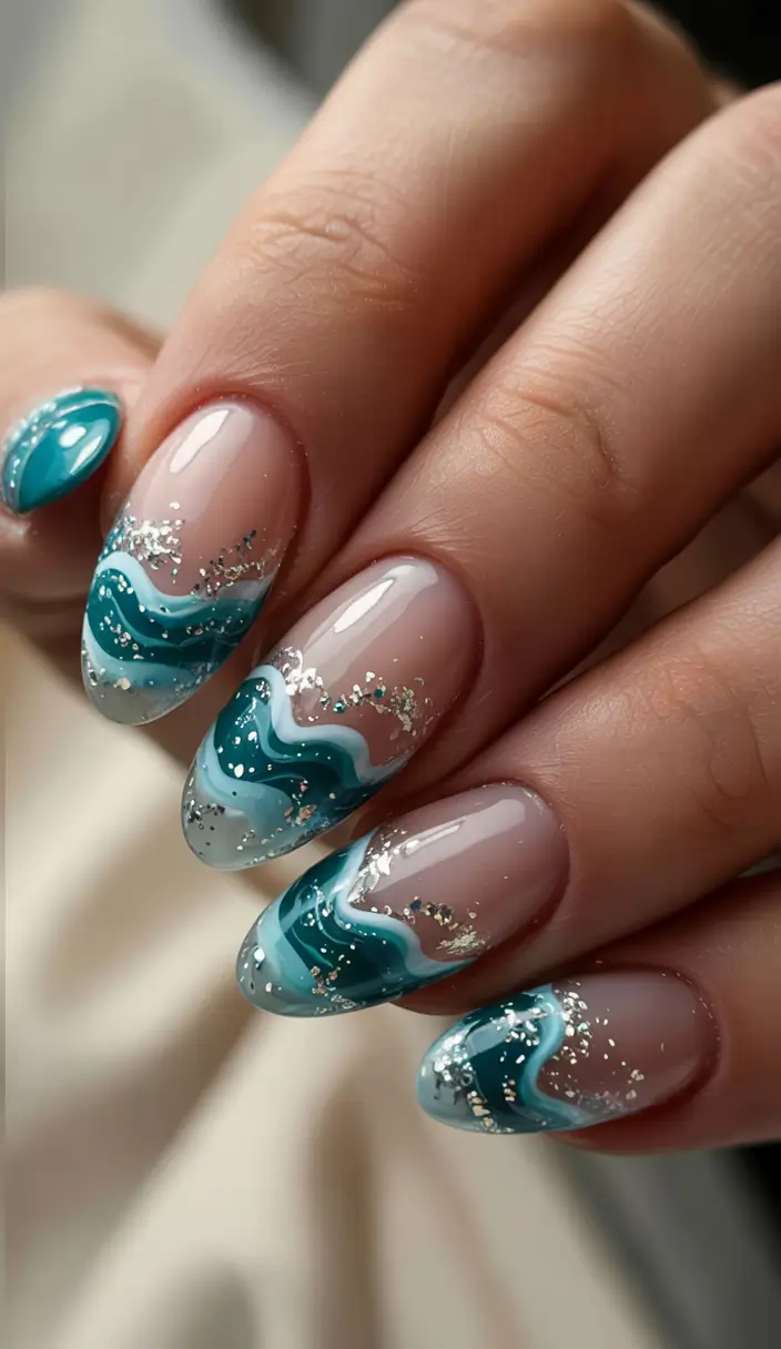 trendy nail ideas to wear this june 2025 Teal Tide Wave