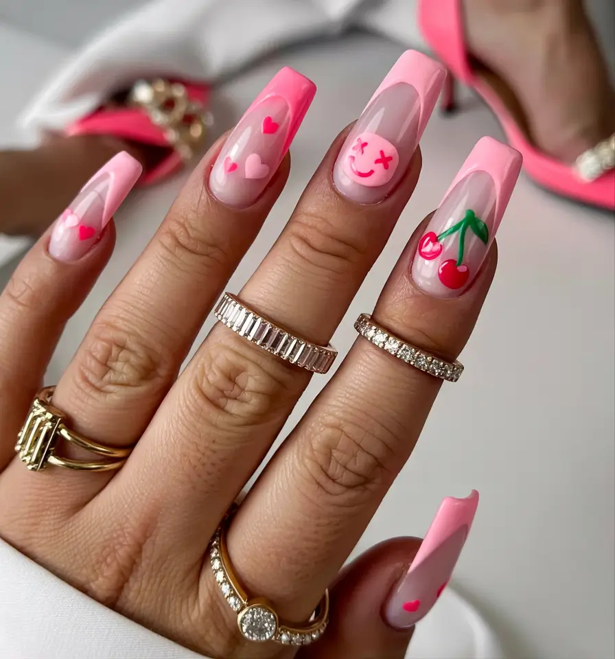 trendy nail ideas to wear this june 2025 Pop Art Pink with a Side of Cherries