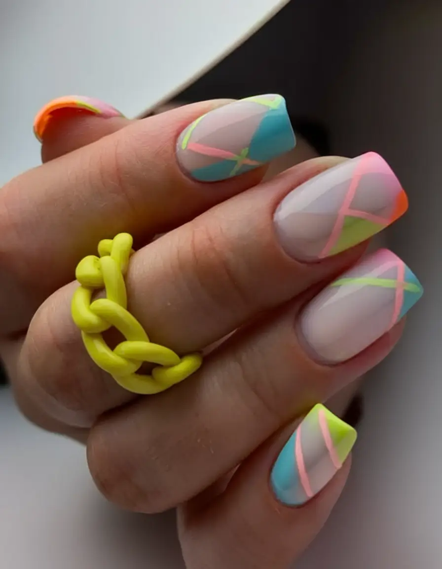 trendy nail ideas to wear this june 2025 Neon Geometry on Nude