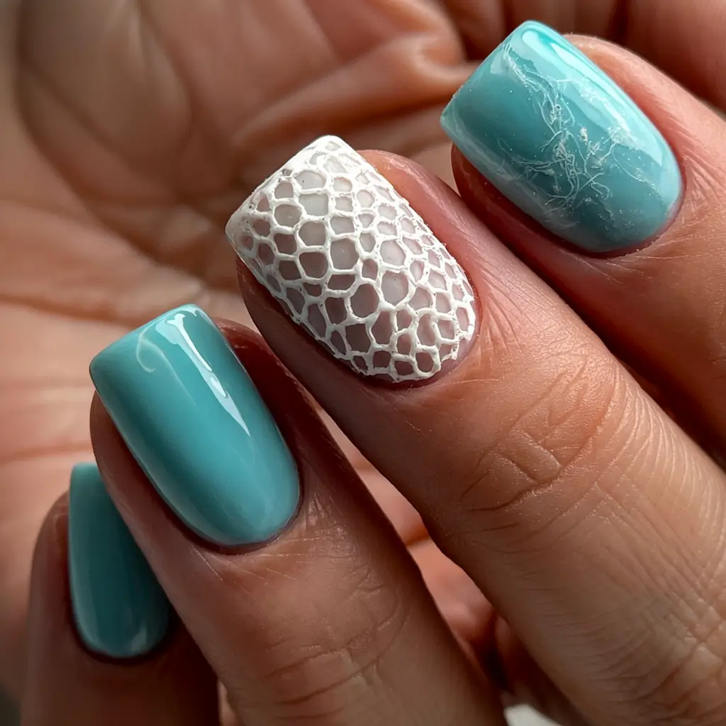 trendy nail ideas to wear this june 2025 Aquatic Mesh & Turquoise Gloss