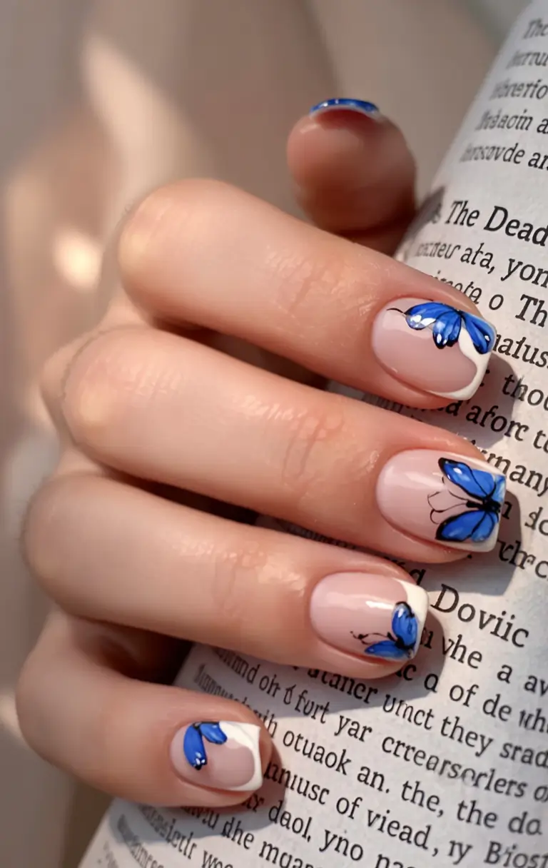 trendy nail ideas to wear this june 2025 Blue Butterfly French Tips