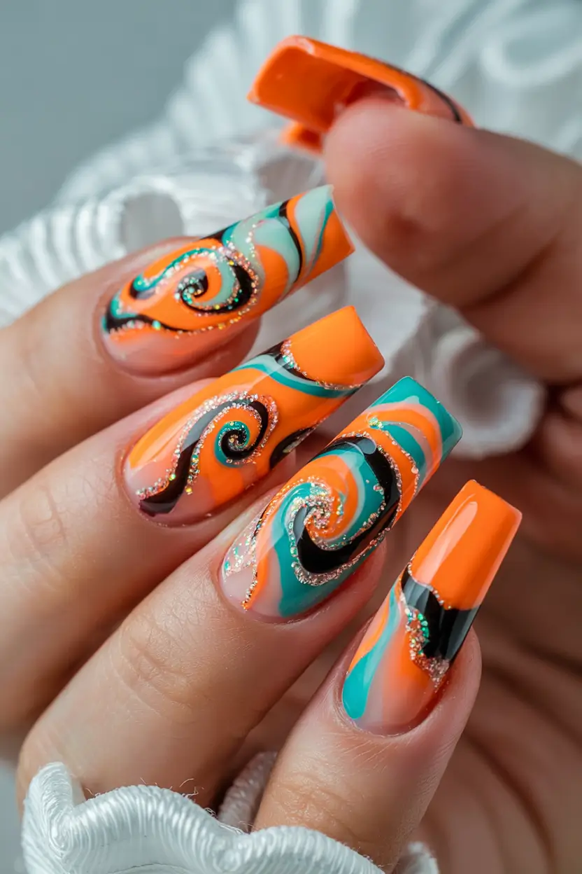 trendy nail ideas to wear this june 2025 Electric Tangerine Swirl