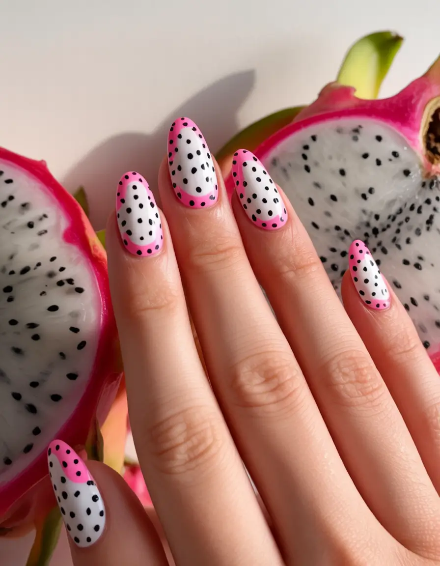 Tropical Fruit Nail Ideas for Summer 2025 Dragon Fruit Dots with a Punchy Pink Pop