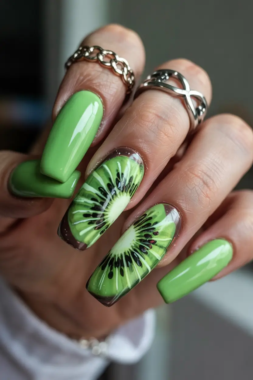 Tropical Fruit Nail Ideas for Summer 2025 Kiwi Realness with Green Gloss Finish