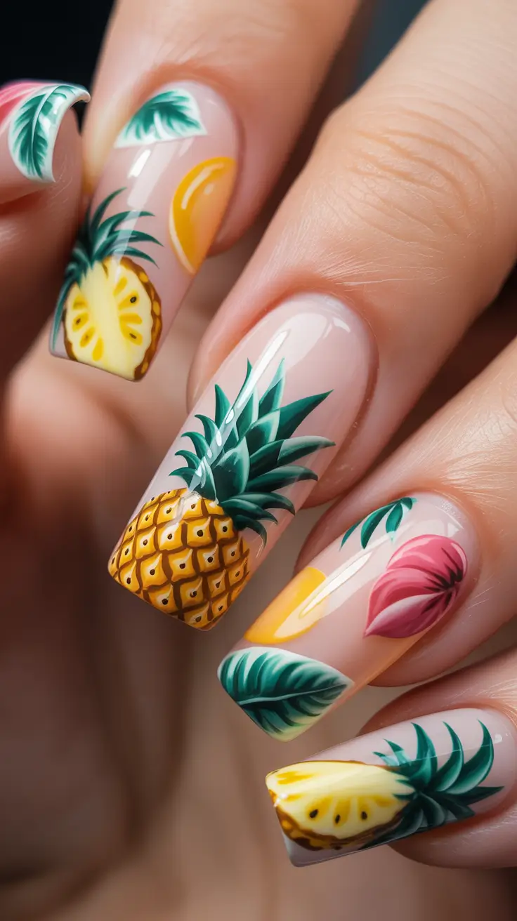 Tropical Fruit Nail Ideas for Summer 2025 Pineapple Paradise with Sunset Florals