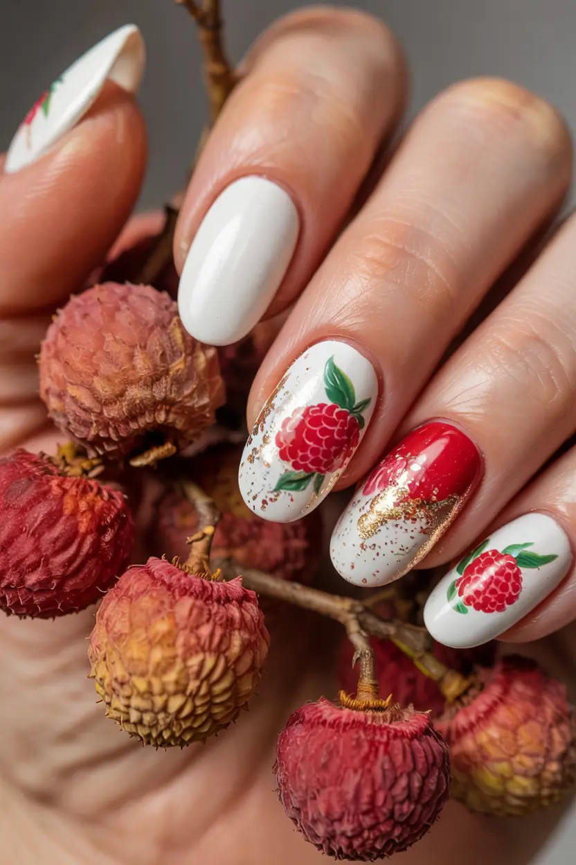 Tropical Fruit Nail Ideas for Summer 2025 Raspberry Glam with Luxe Gold Accents