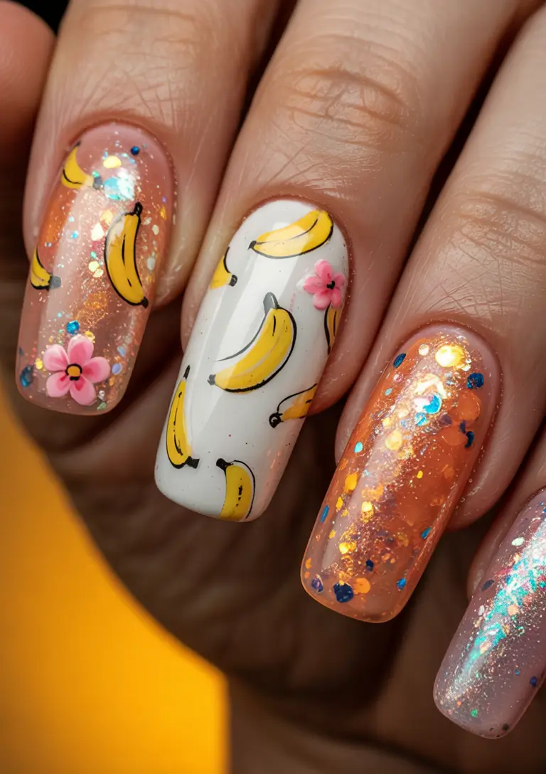 Tropical Fruit Nail Ideas for Summer 2025 Banana Sparkle with Glitter Pop