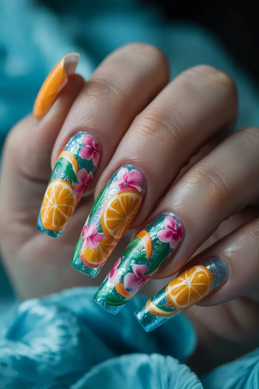 Tropical Fruit Nail Ideas for Summer 2025 Citrus Lagoon with Hibiscus Fantasy