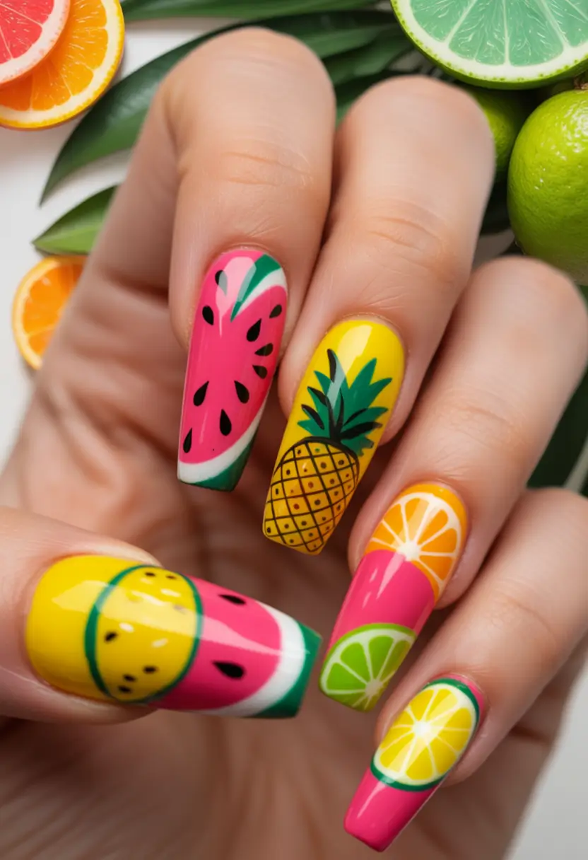 Tropical Fruit Nail Ideas for Summer 2025 Fruit Salad Remix in Punchy Neons