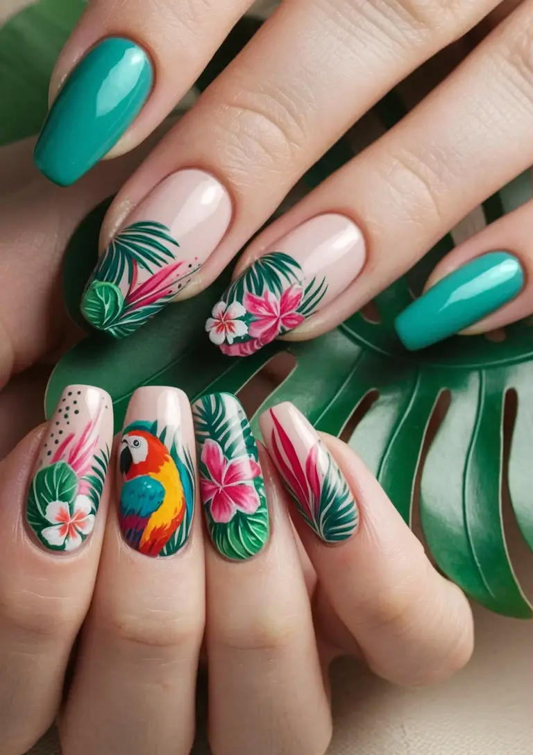 tropical vacation nails 2025 edition Jungle Bird Bloom