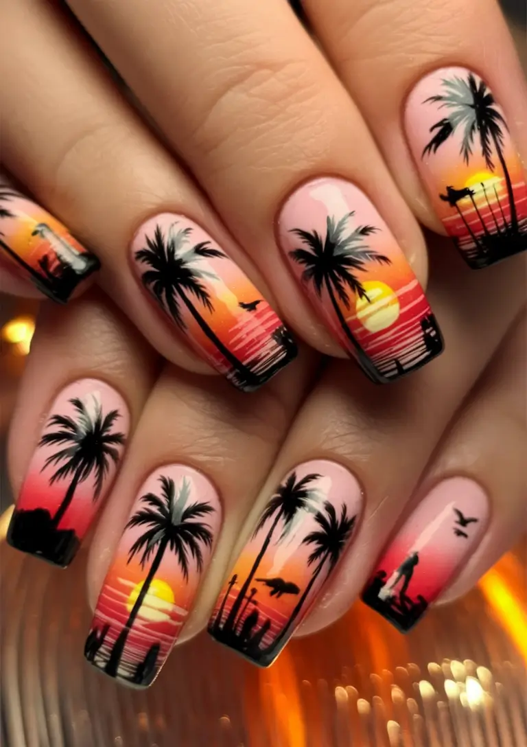 tropical vacation nails 2025 edition Sunset Silhouettes