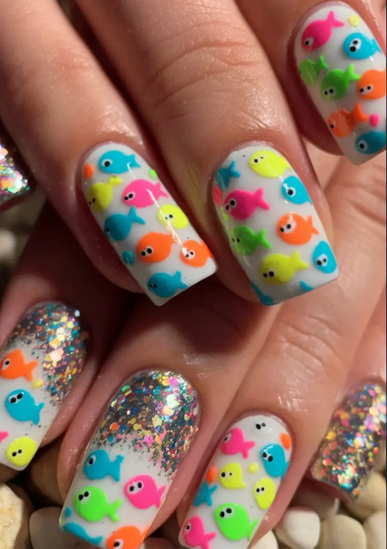 tropical vacation nails 2025 edition Neon Fish Frenzy
