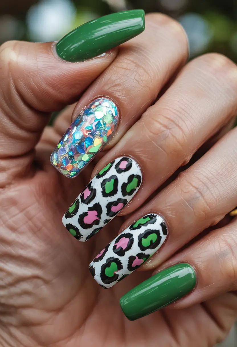 vacation nails summer 2025 Emerald Energy Meets Safari Sparkle