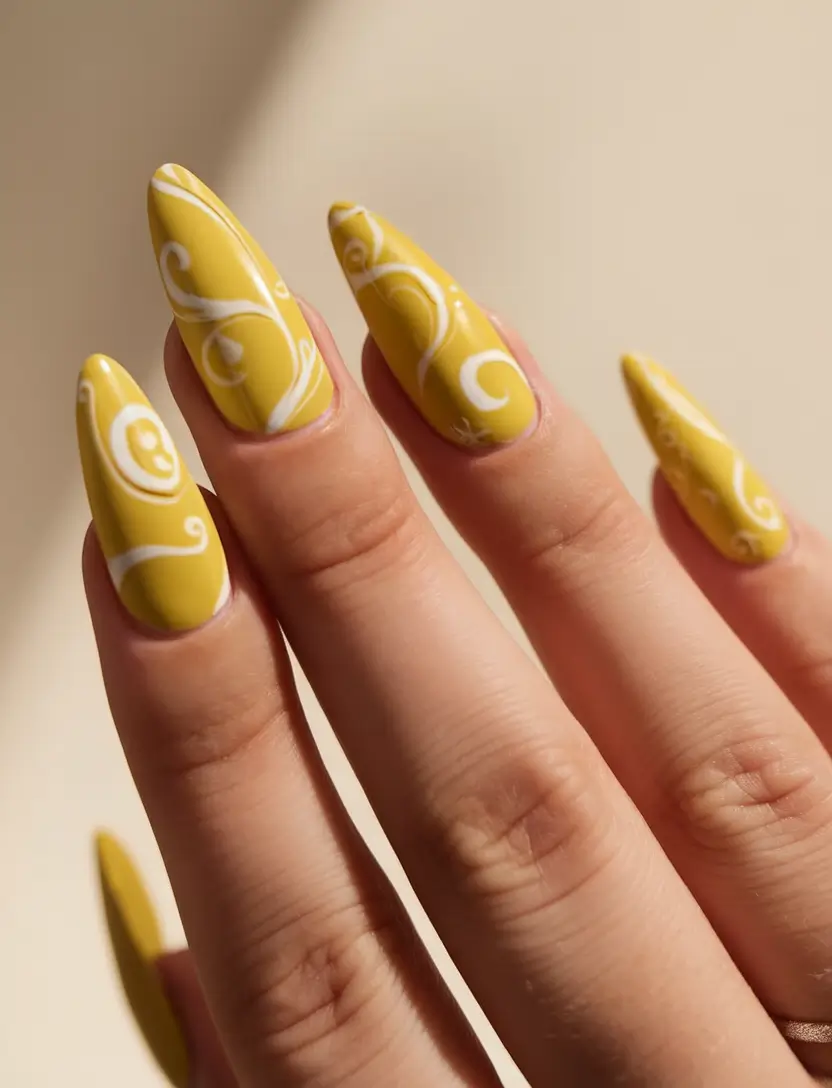 vacation nails summer 2025 Sun-Drenched Swirls in Mustard Yellow
