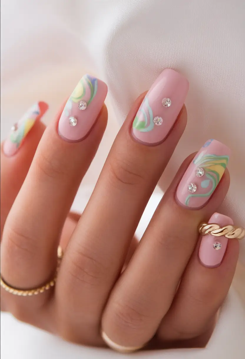 vacation nails summer 2025 Pink Sorbet Dreams with Crystal Accents