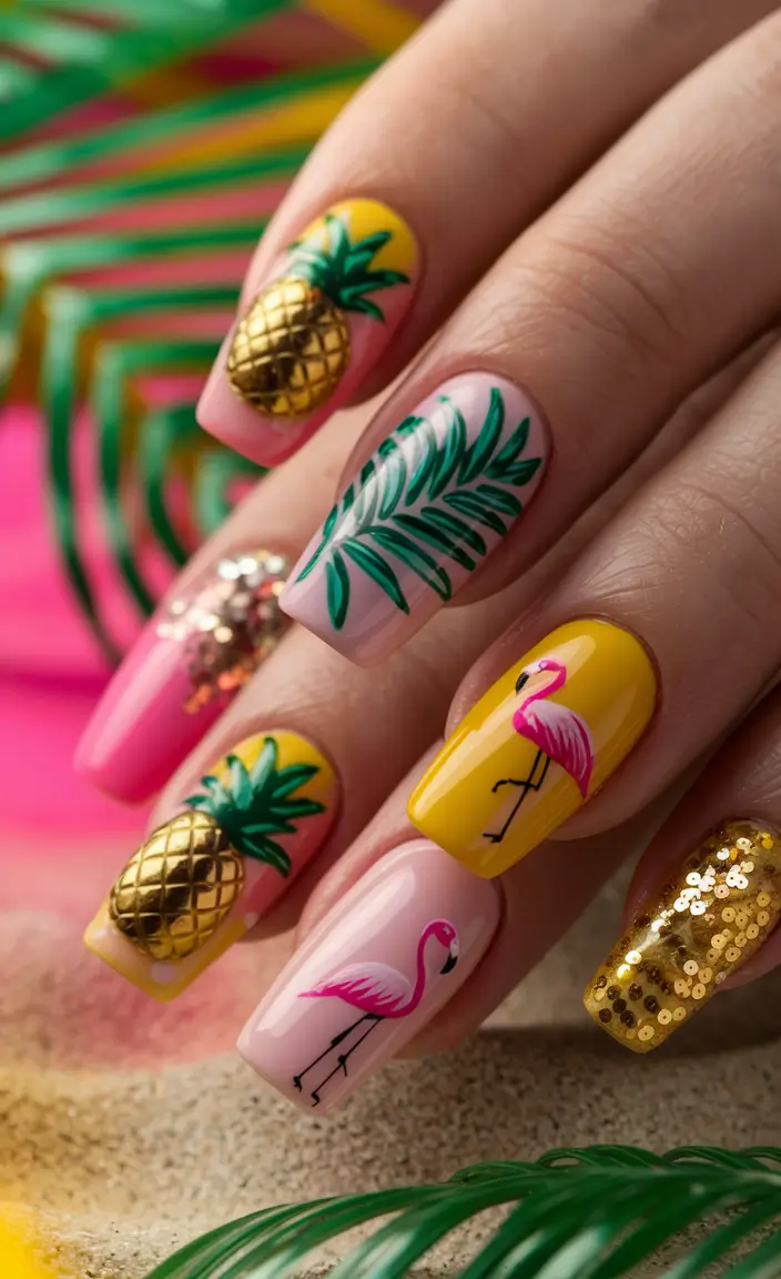 vacation nails summer 2025 Pineapples & Flamingos, Please