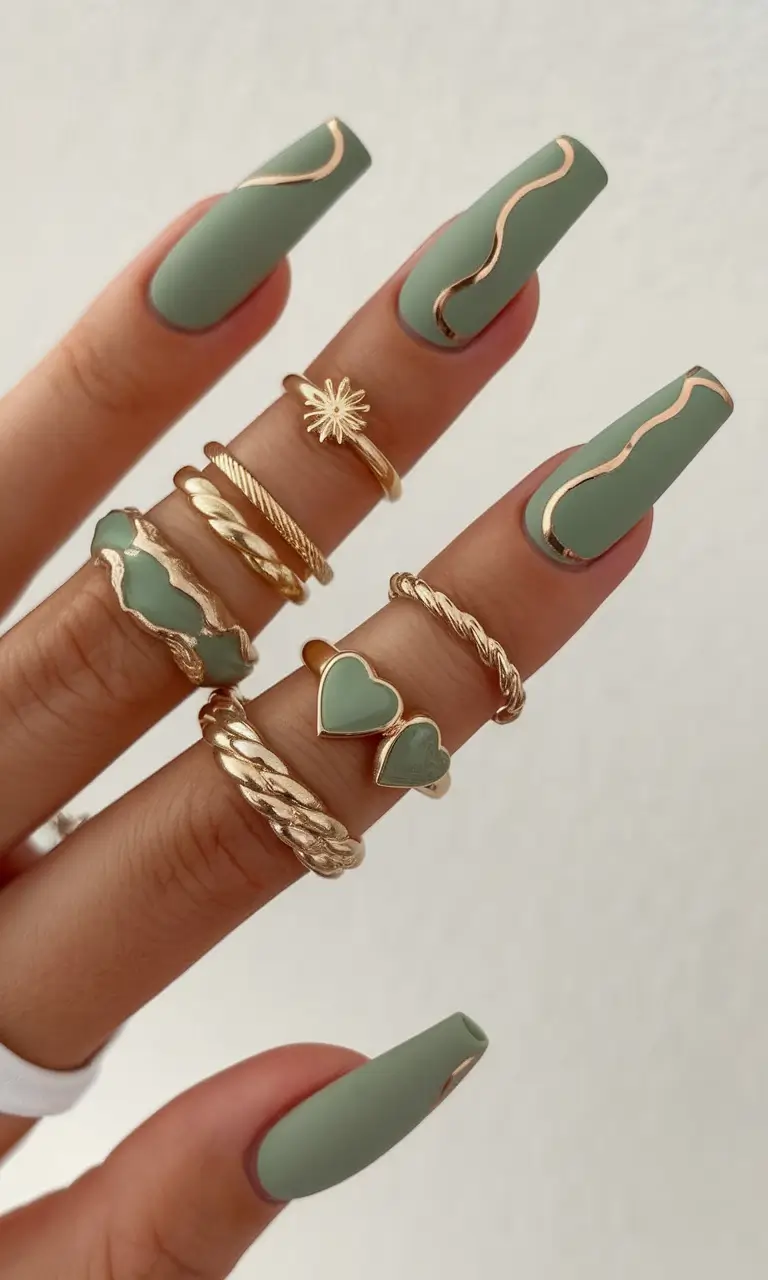 vacation nails summer 2025 Minimal Sage with a Metallic Twist