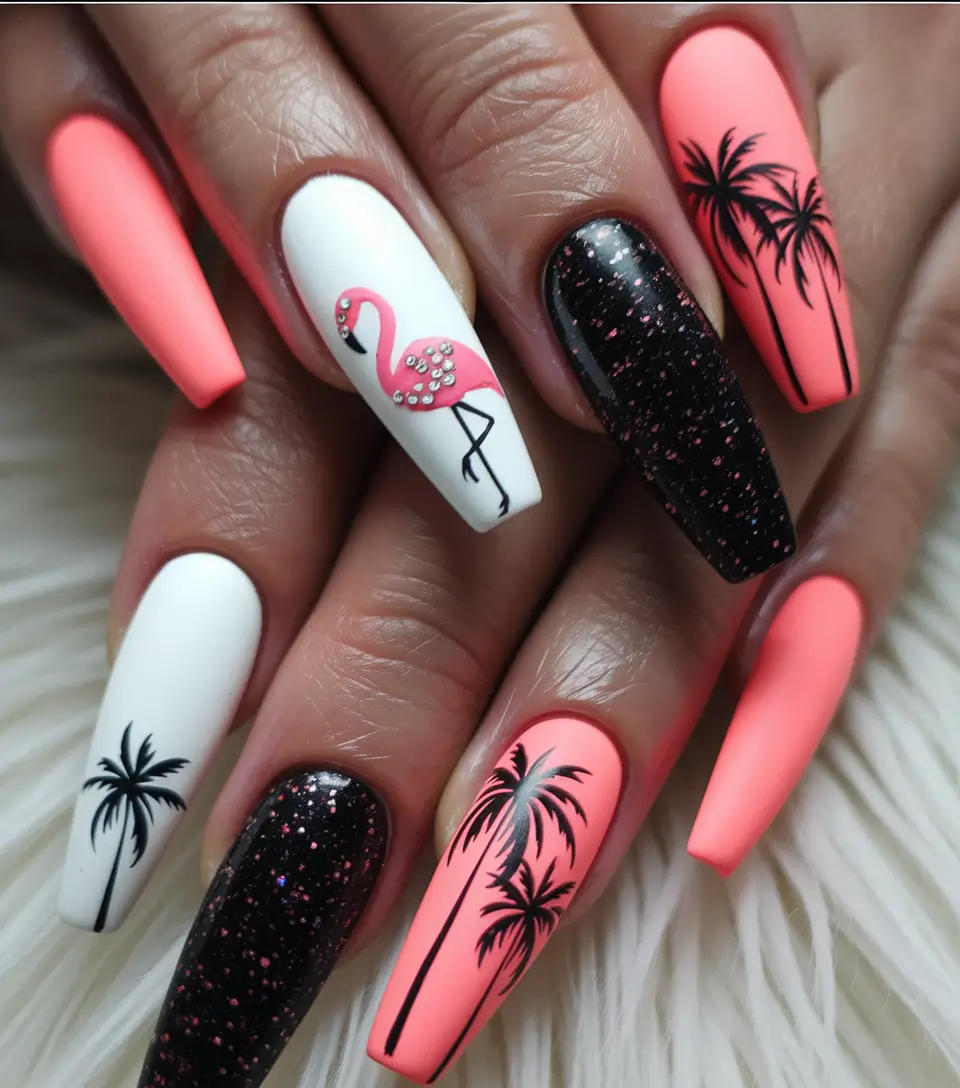 vacation nails summer 2025 Flamingo Pool Party