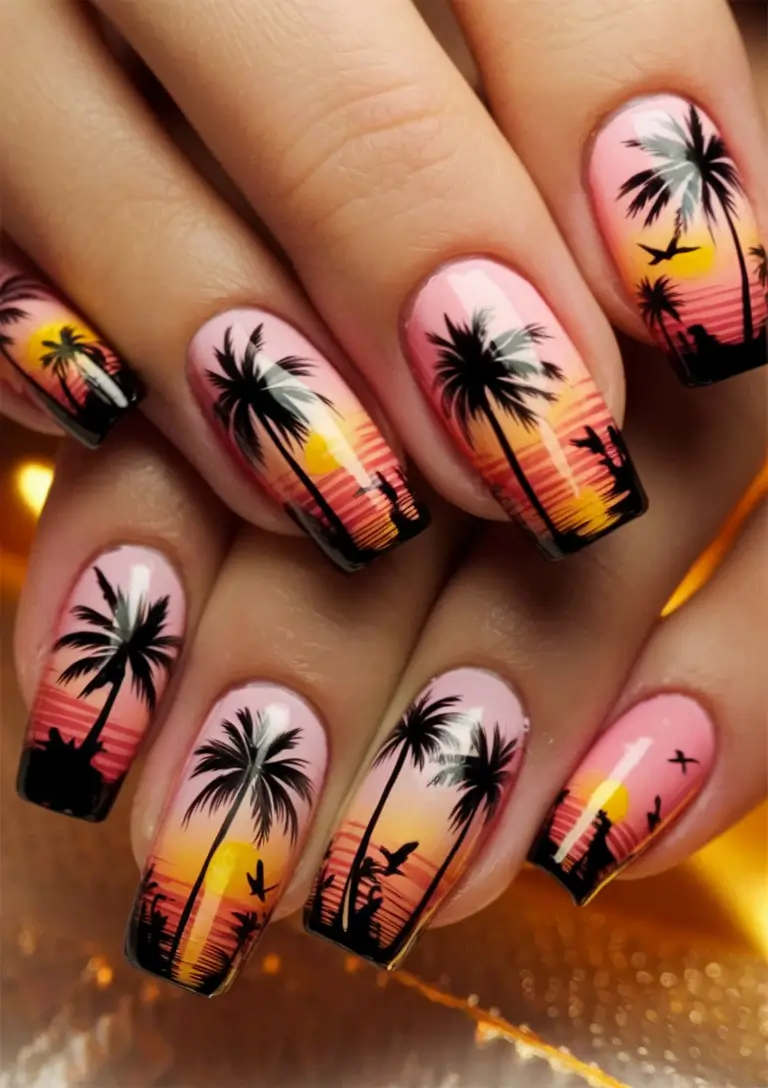  nails ready for vacation in summer 2025+Sunset Palms and Sky