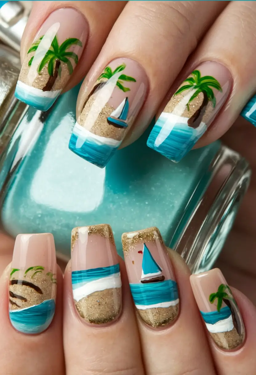 vacation-ready nails for summer 2025+Mini Beach Scene Escape