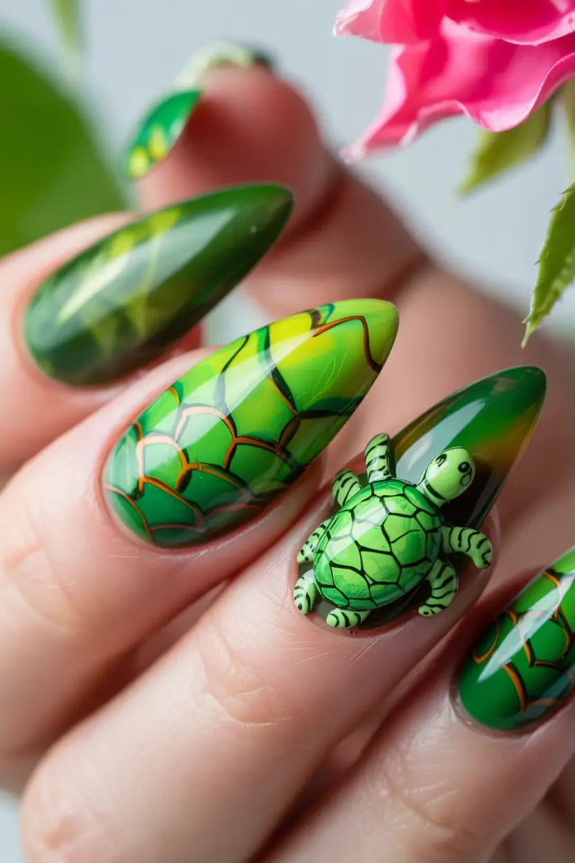 vacation-ready nails for summer 2025+3D Sea Turtle Fantasy