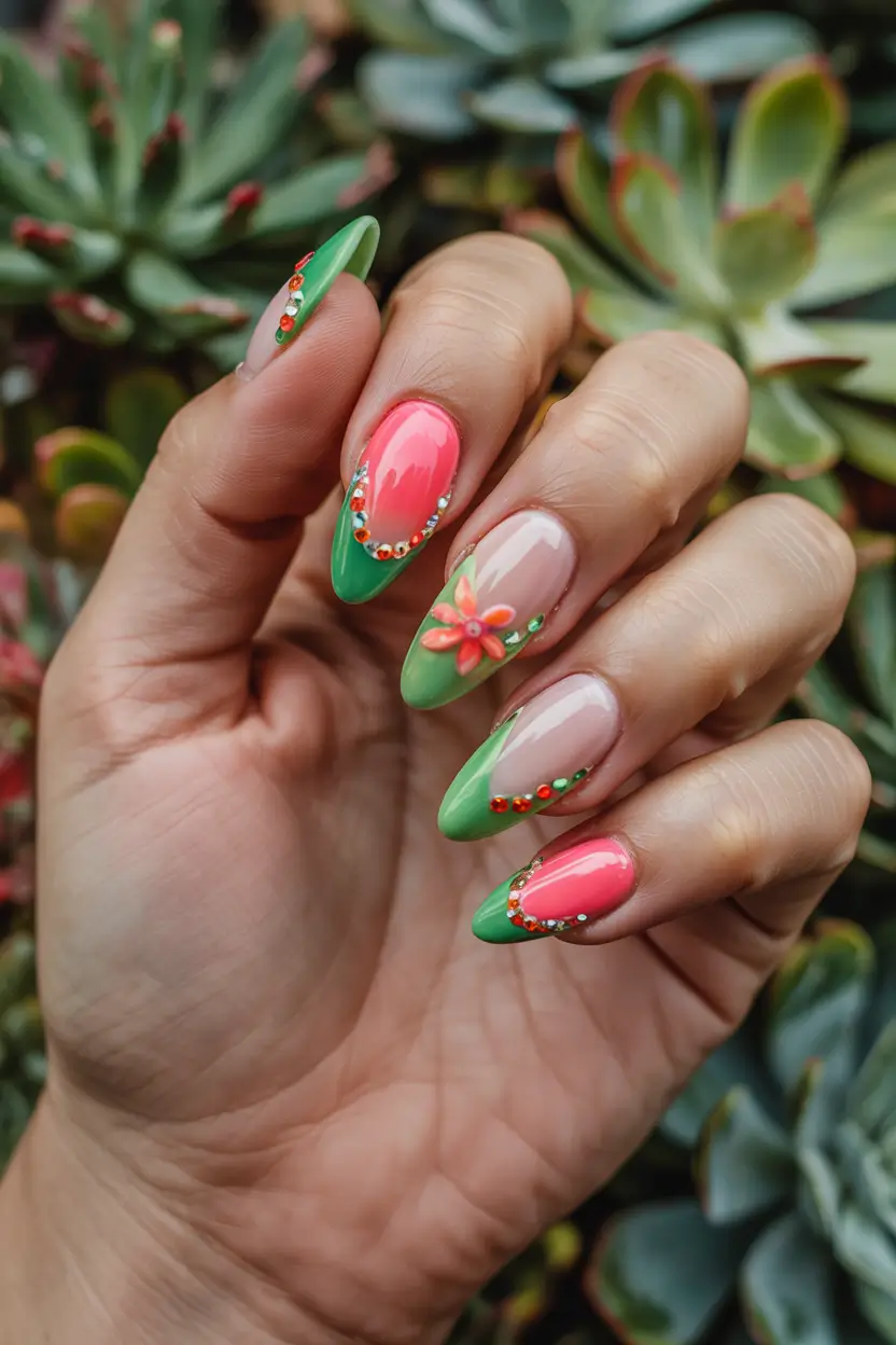 vacation-ready nails for summer 2025+Neon Floral French Remix
