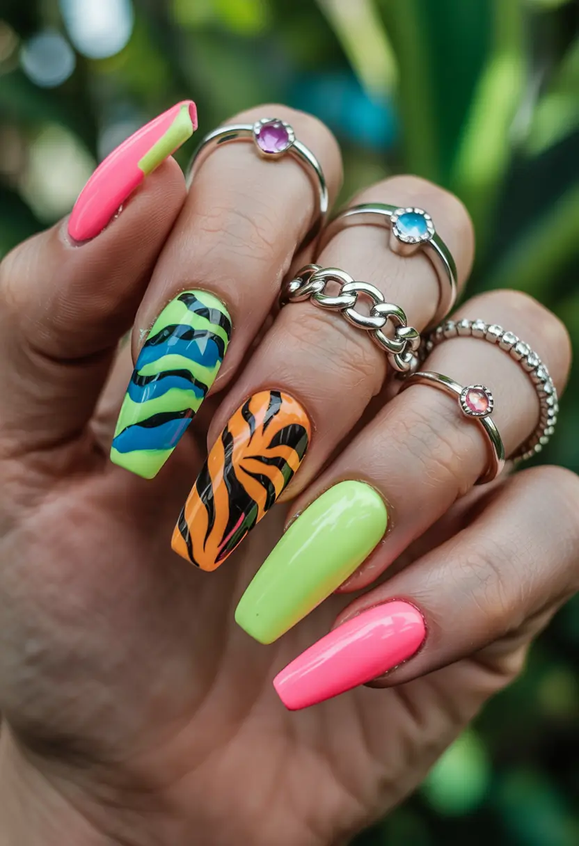 vacation-ready nails for summer 2025 Neon Safari Meets Poolside Chaos
