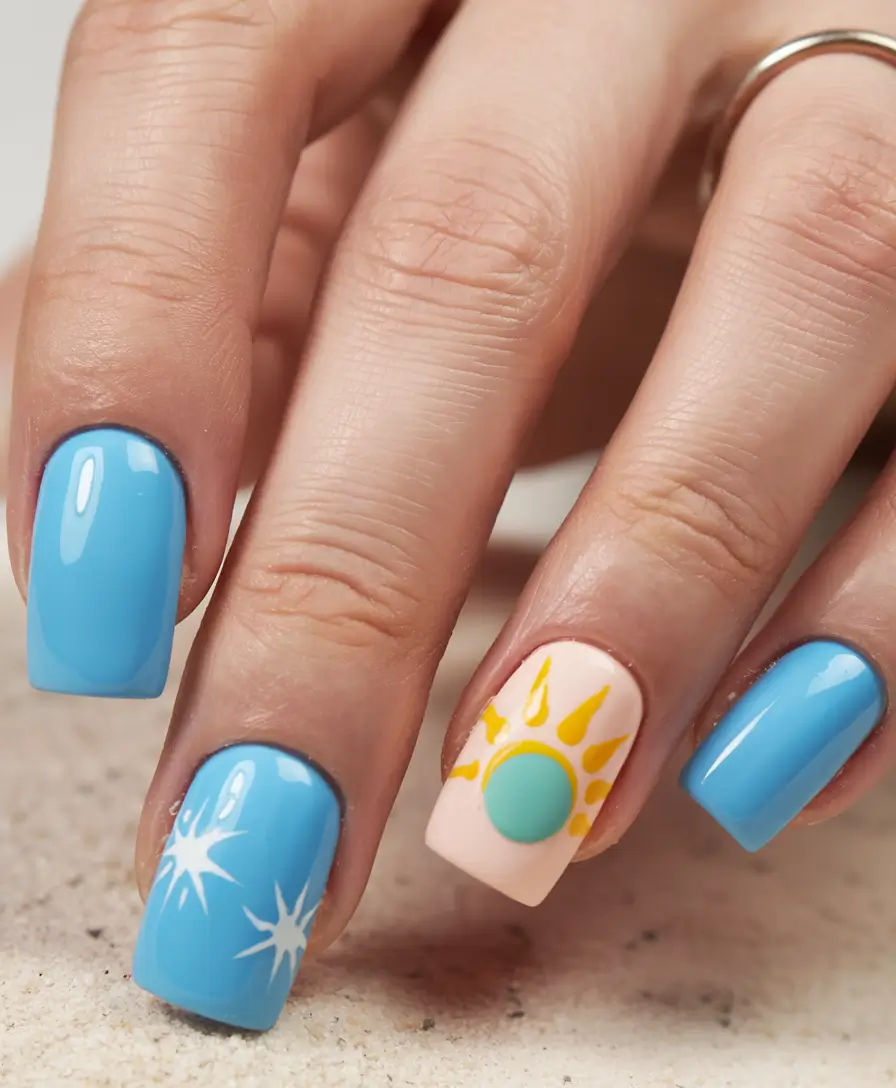 vacation ready nails for summer 2025 sun kissed skies and poolside blues