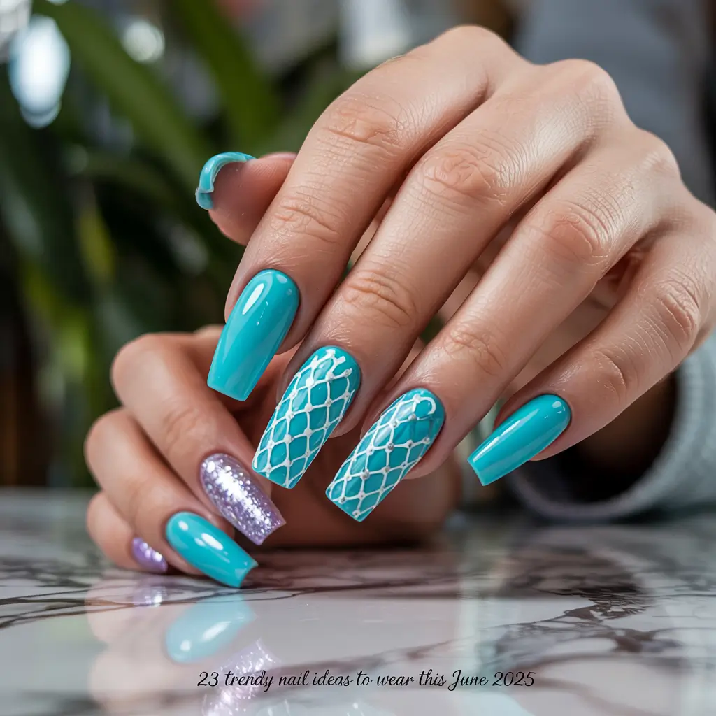vacation-ready nails for summer 2025+Mermaid Net on Tropical Turquoise